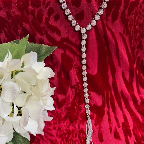 Silver Tone Clear Rhinestone Pendant Necklace with Tassle - Picture 6 of 16